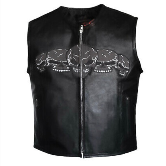 Mens Collarless Skulls Leather Motorcycle Biker Leather Vest Concealed Carry - Picture 2 of 4